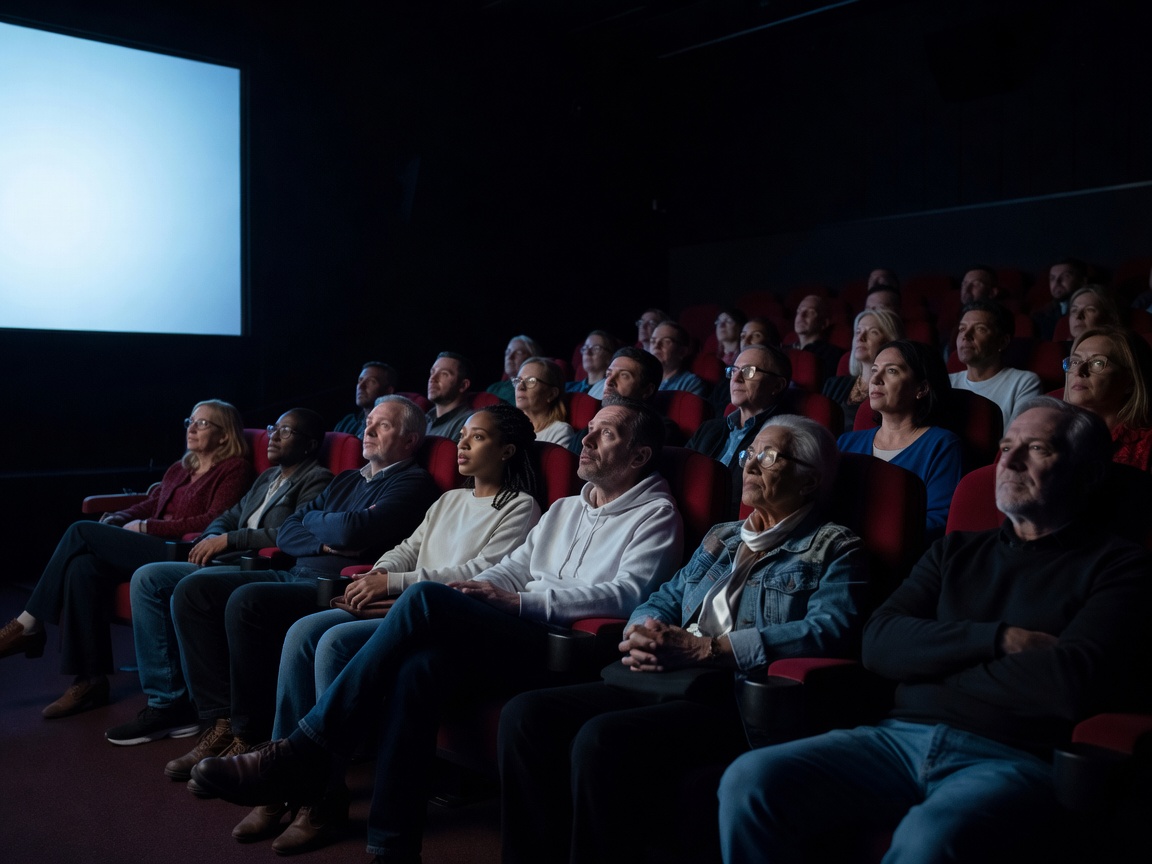 Audience watching a screen in a dark cinema