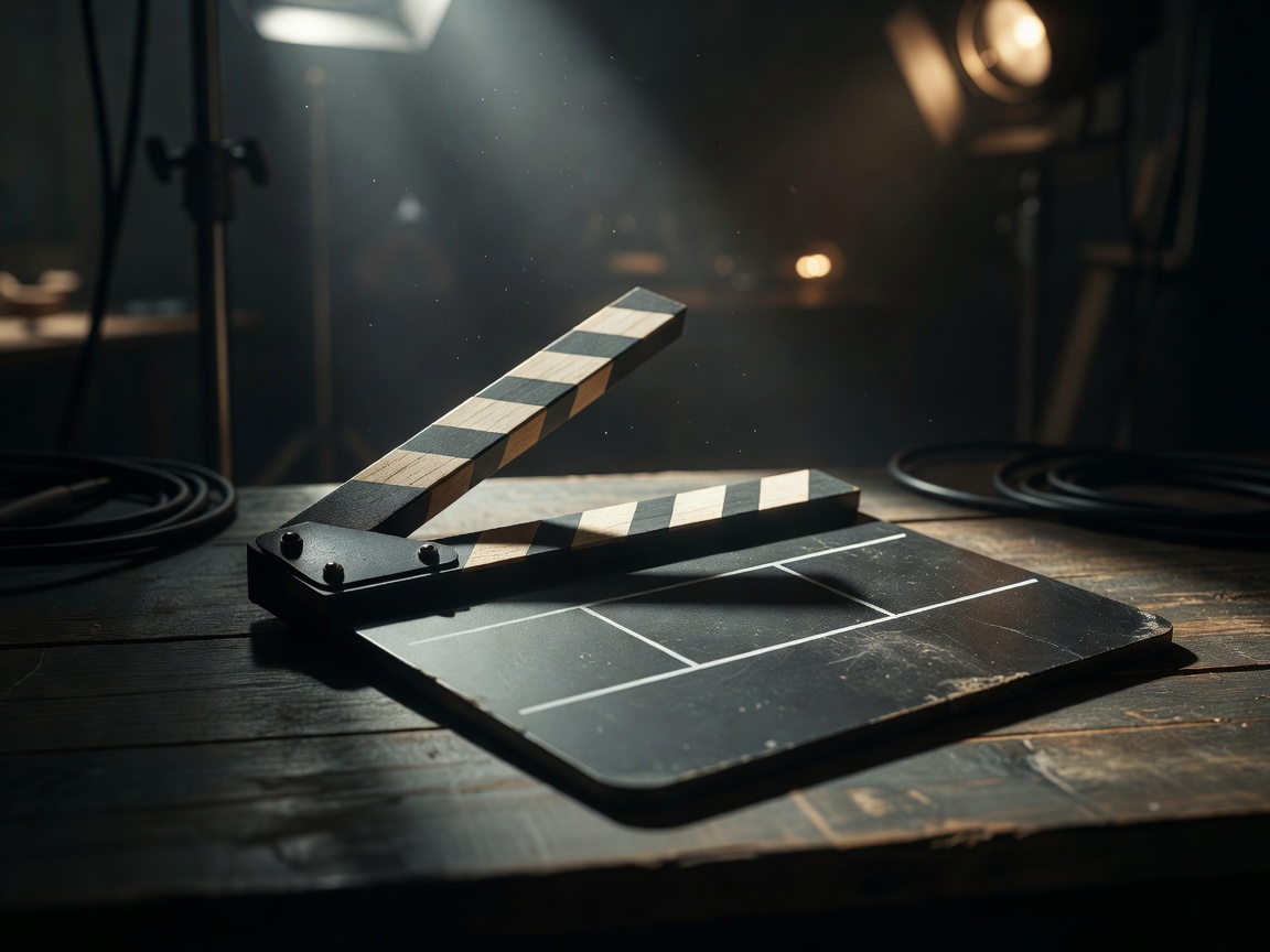 Cinematic clapperboard with dramatic studio lighting