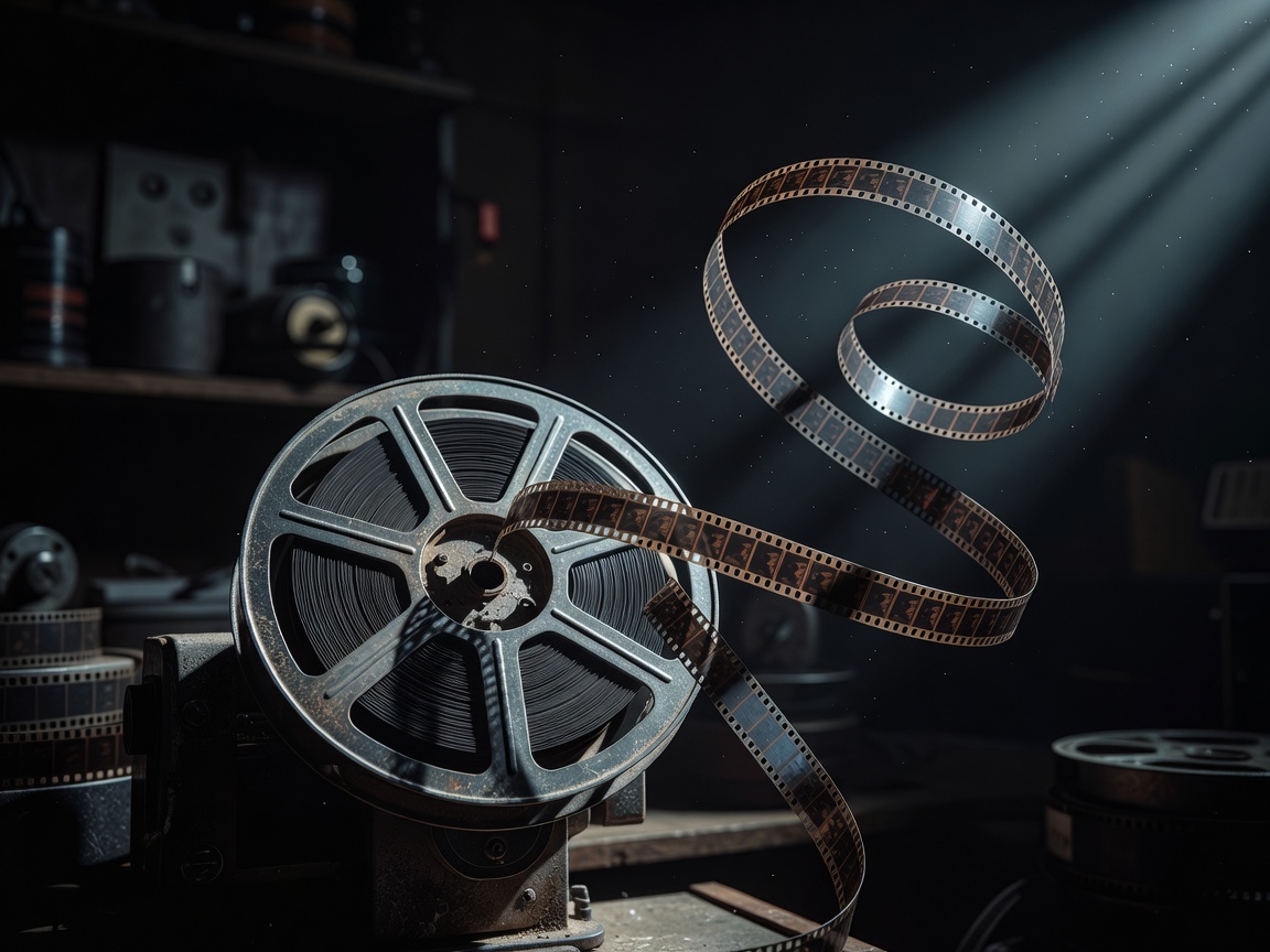Film reel strip unspooling in dramatic lighting