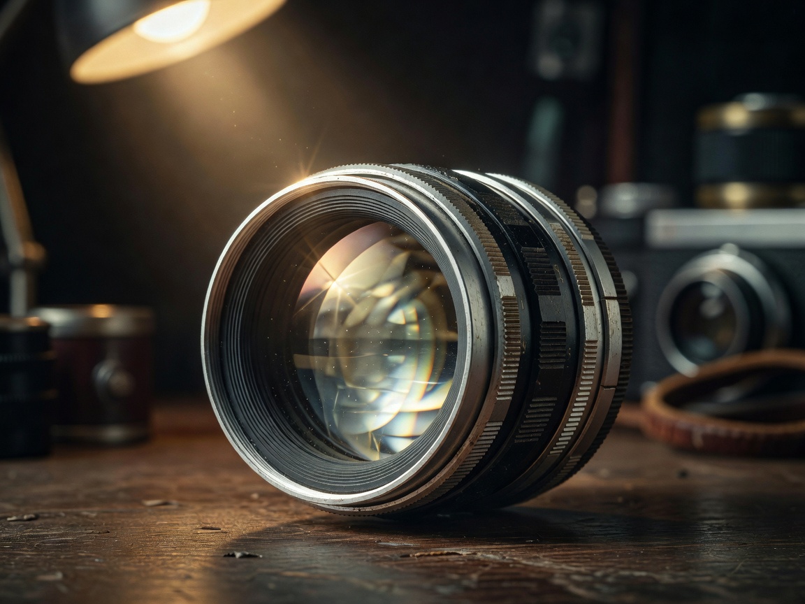 Vintage film camera lens reflecting light